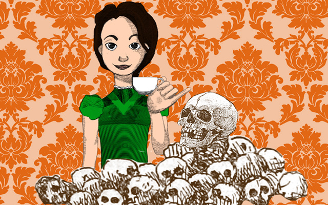 Alice drinking tea behind a pile of skulls - lead image from Alice in Typhoidland exhibition