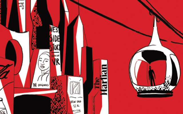 Who Writes the Future? Red, black and white sketch featuring a figure in a futuristic cable car, book spines and a magazine cover