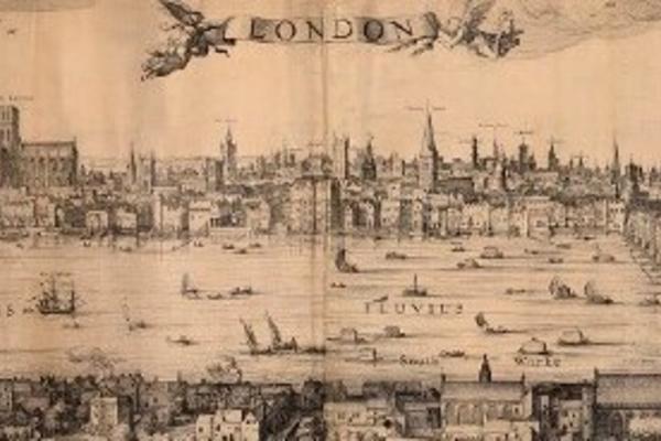 Panoramic view of 16th century London, looking across London Bridge from Southwark.