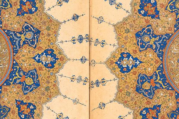 An illustration in gold and blue