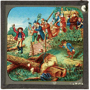 A colour slide of a group of peasants holding farming equipment walking forward
