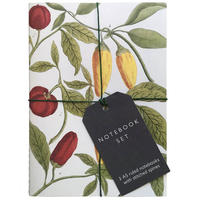 The front of a notebook: a floral pattern - with green leaves, and yellow and red fruits - tied up with black string